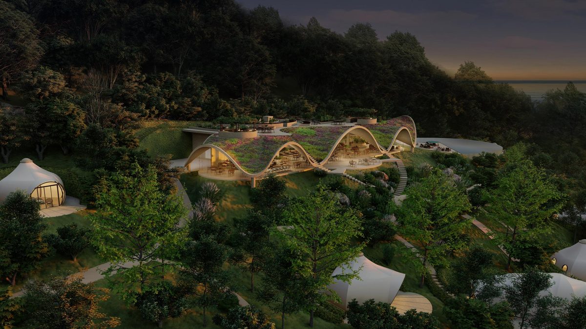 Edificio immerso nella natura al tramonto
